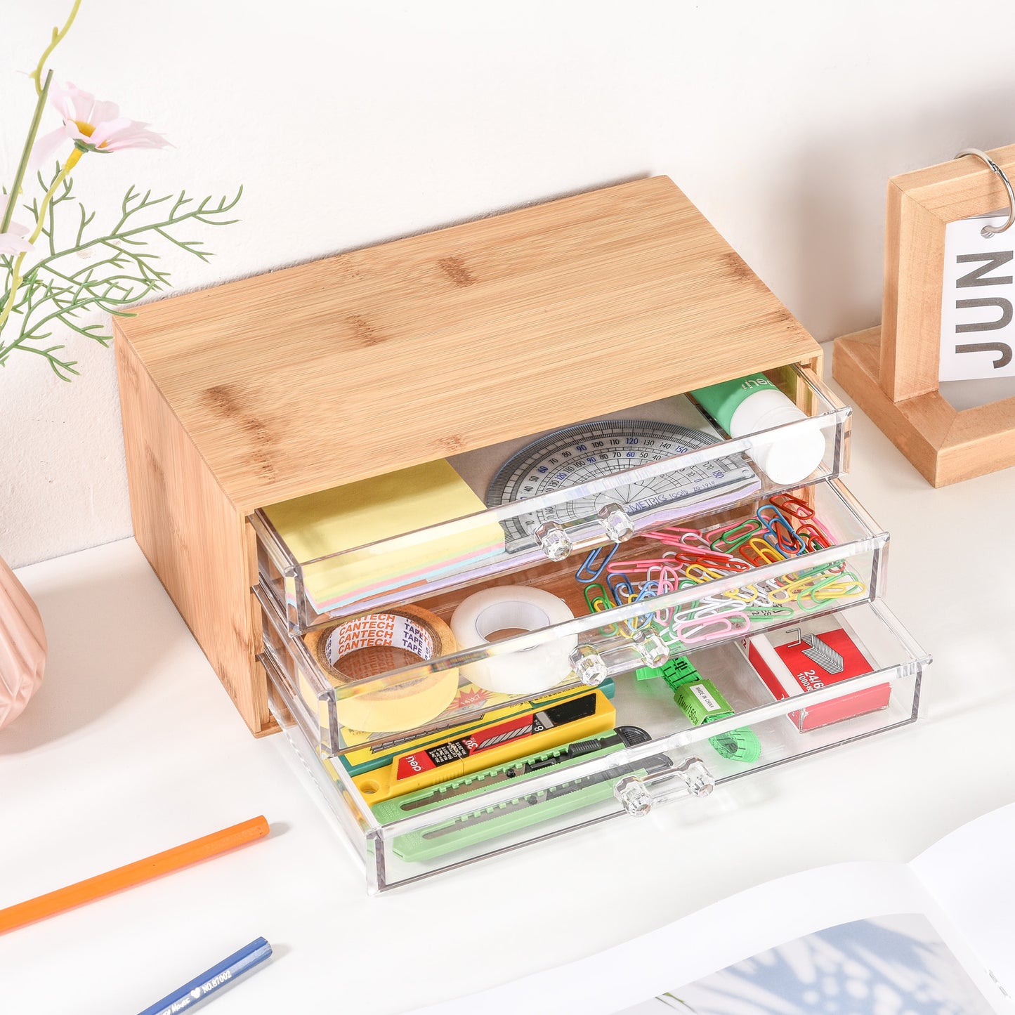 3 Drawer Bamboo Acrylic Drawer Organizer - Short