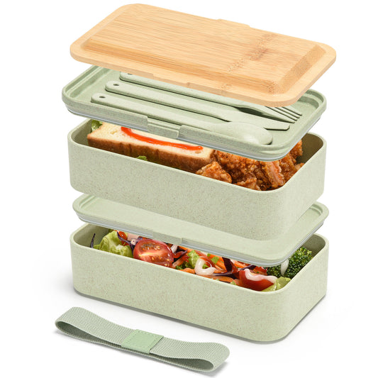 Husk Fiber 2 Tier Bento Box With Bamboo Lid & Utensils - ECO Green