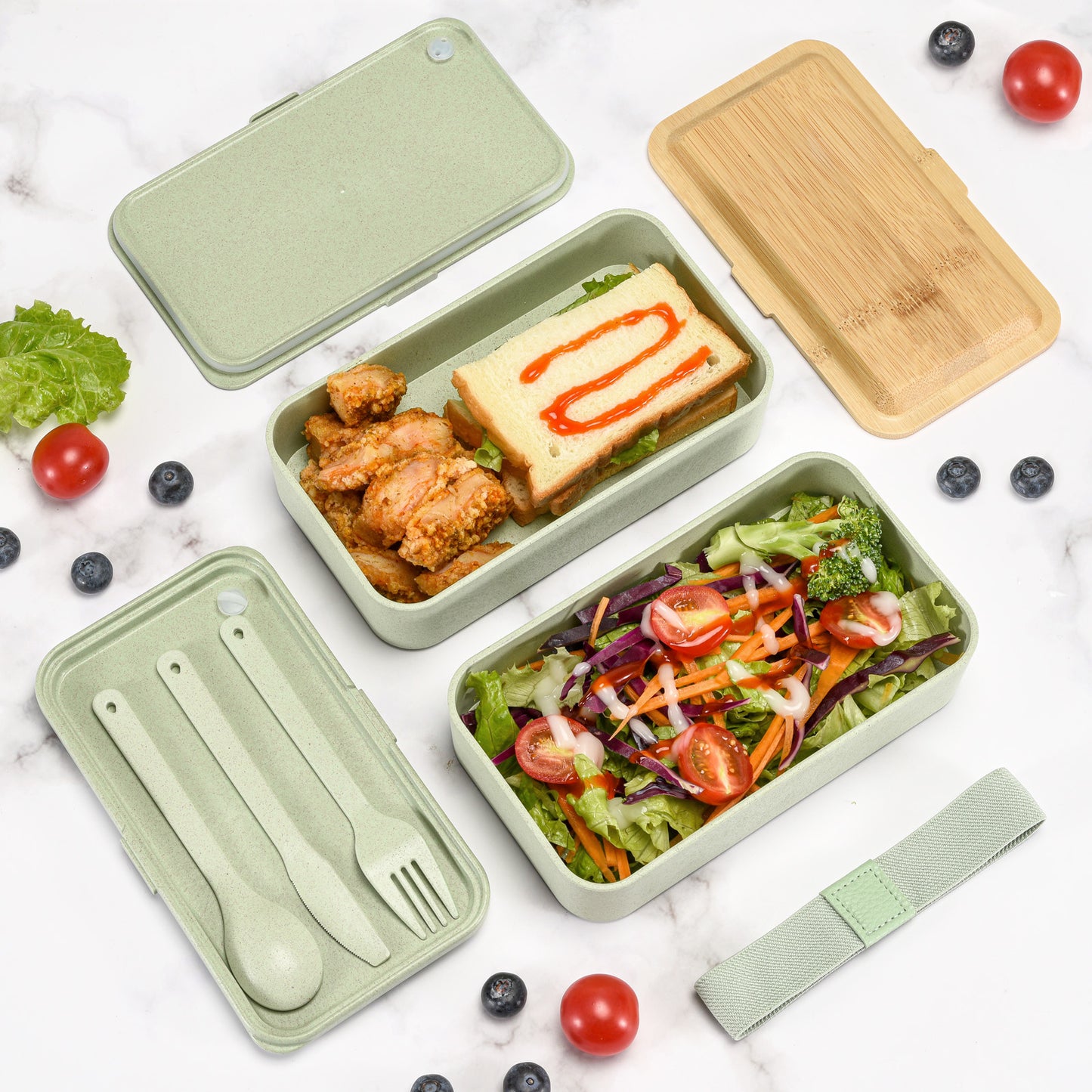 Husk Fiber 2 Tier Bento Box With Bamboo Lid & Utensils - ECO Green