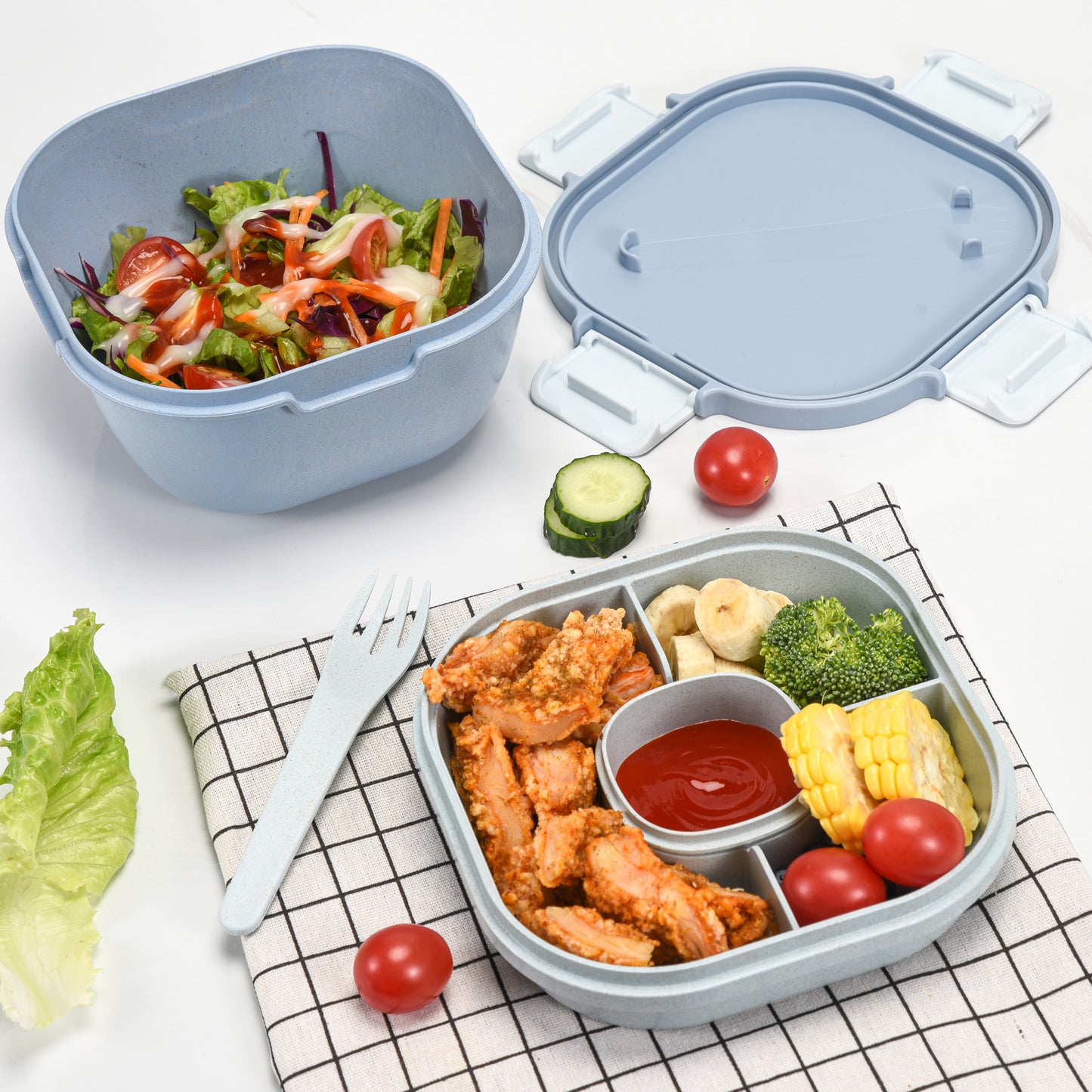 Husk Fiber Salad Bento Box With Cutlery & Dressing Holder - Baby Blue
