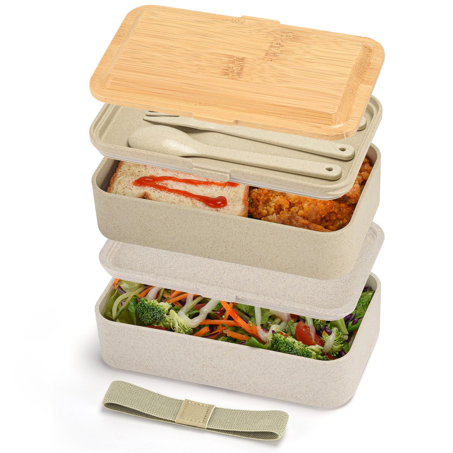 Husk Fiber 2 Tier Bento Box With Bamboo Lid & Utensils - ECO Green & Beige