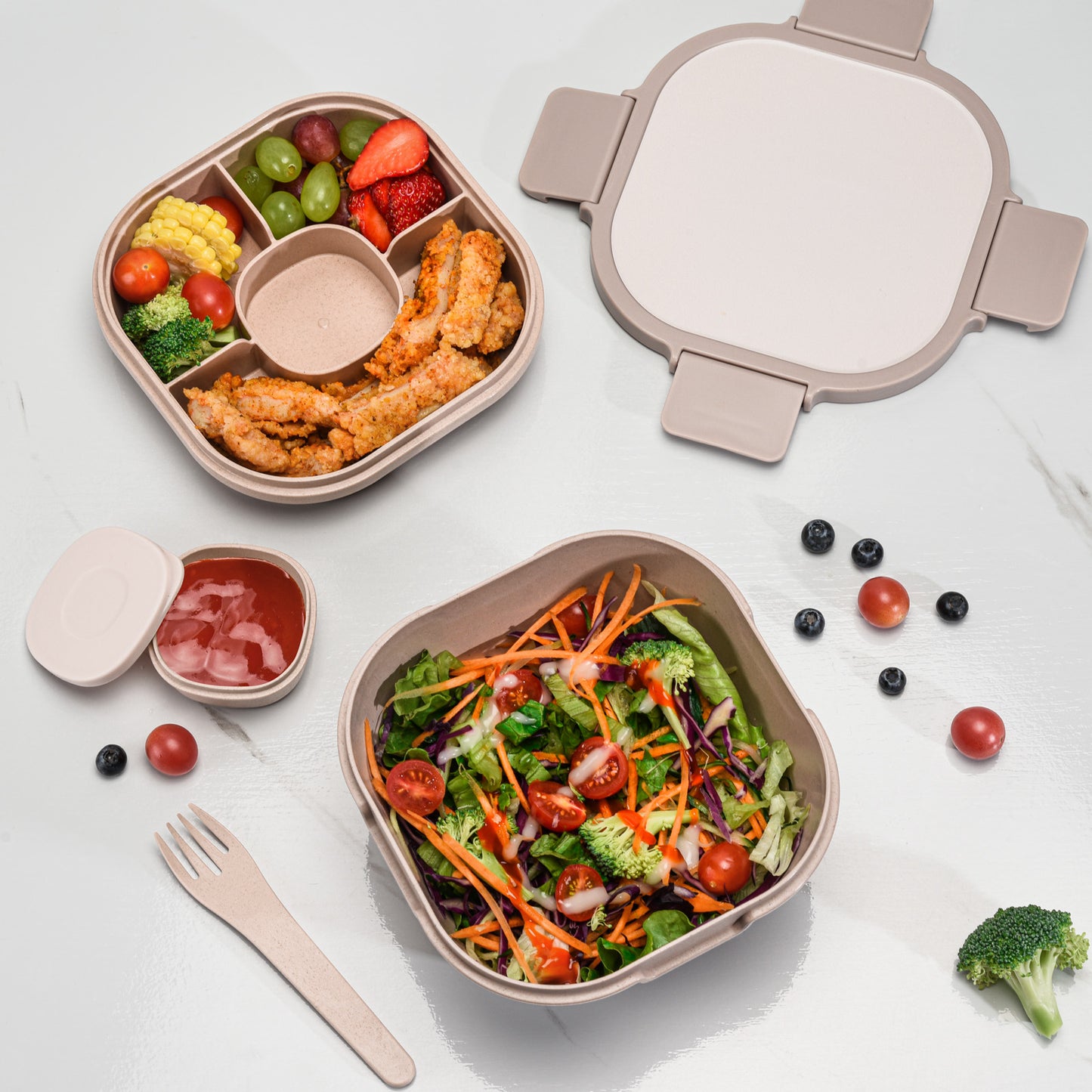 Husk Fiber Salad Bento Box With Cutlery & Dressing Holder