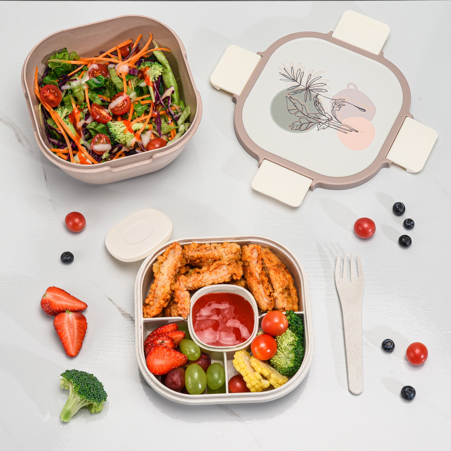 Husk Fiber Salad Bento Box With Cutlery & Dressing Holder