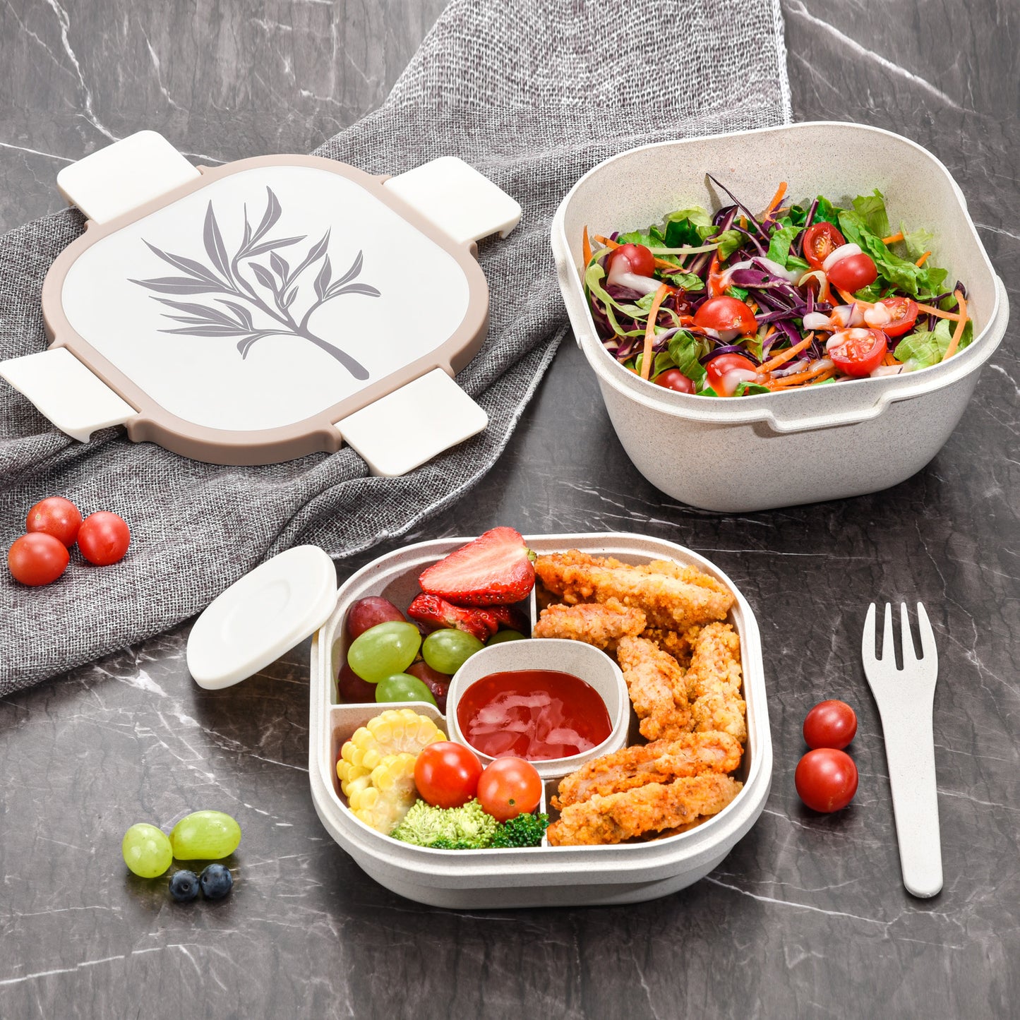 Husk Fiber Salad Bento Box With Cutlery & Dressing Holder