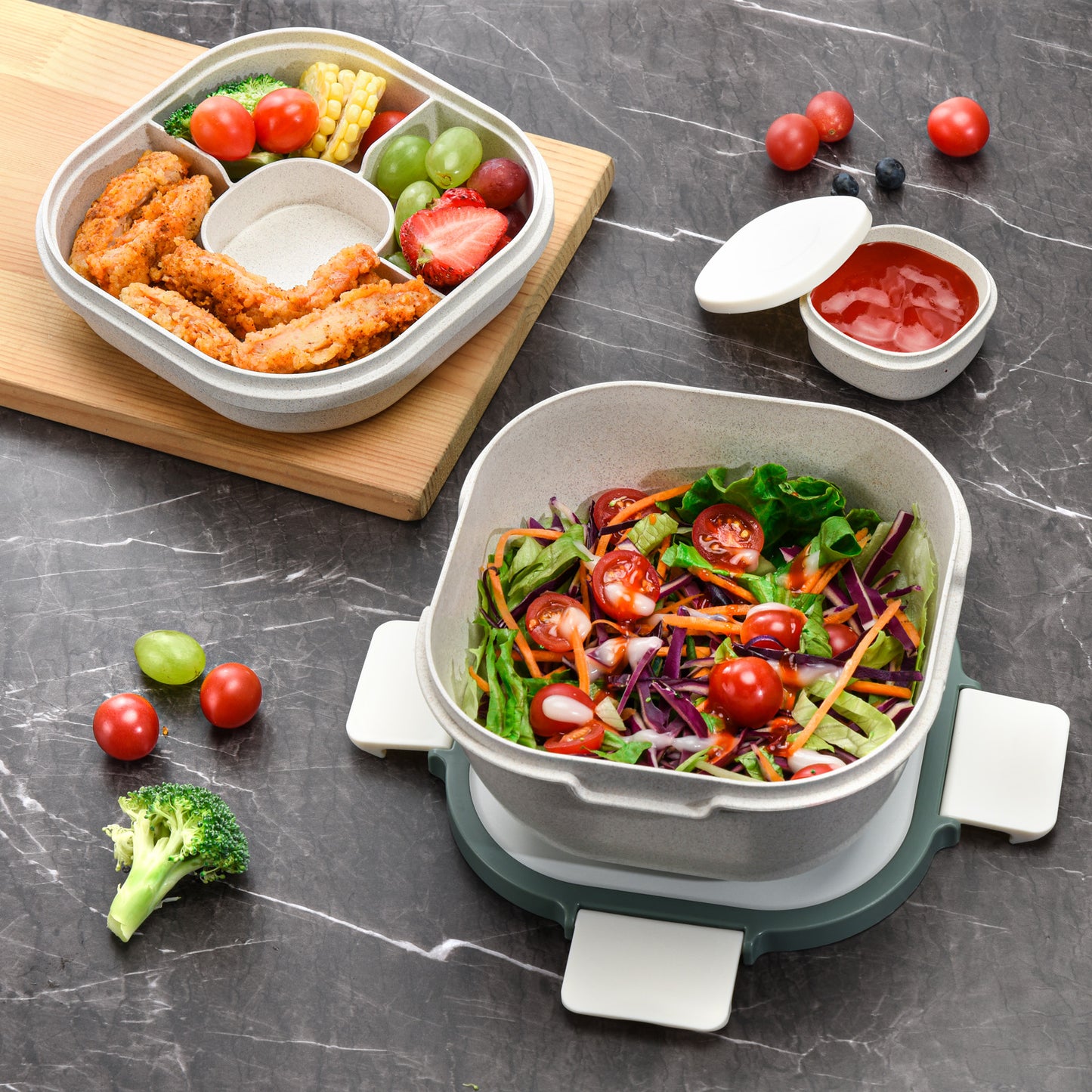 Husk Fiber Salad Bento Box With Cutlery & Dressing Holder