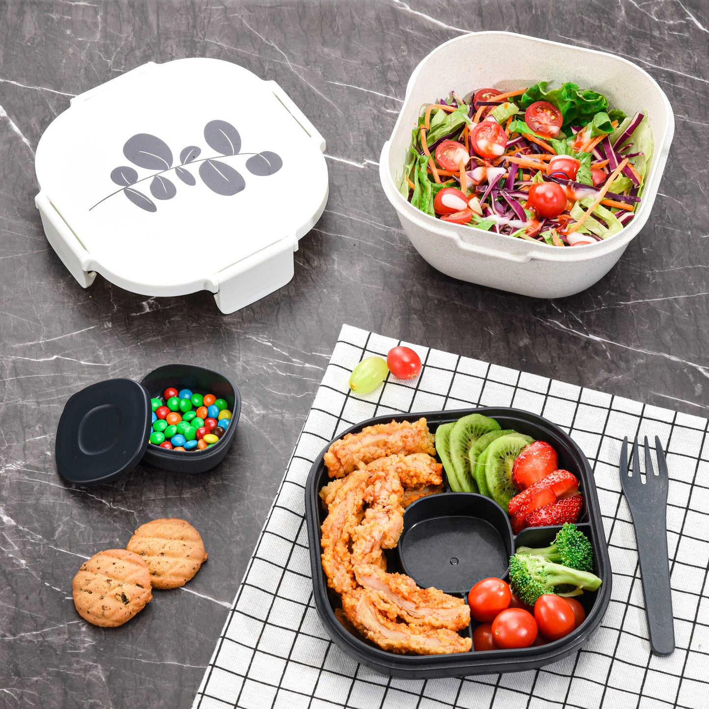 Husk Fiber Salad Bento Box With Cutlery & Dressing Holder