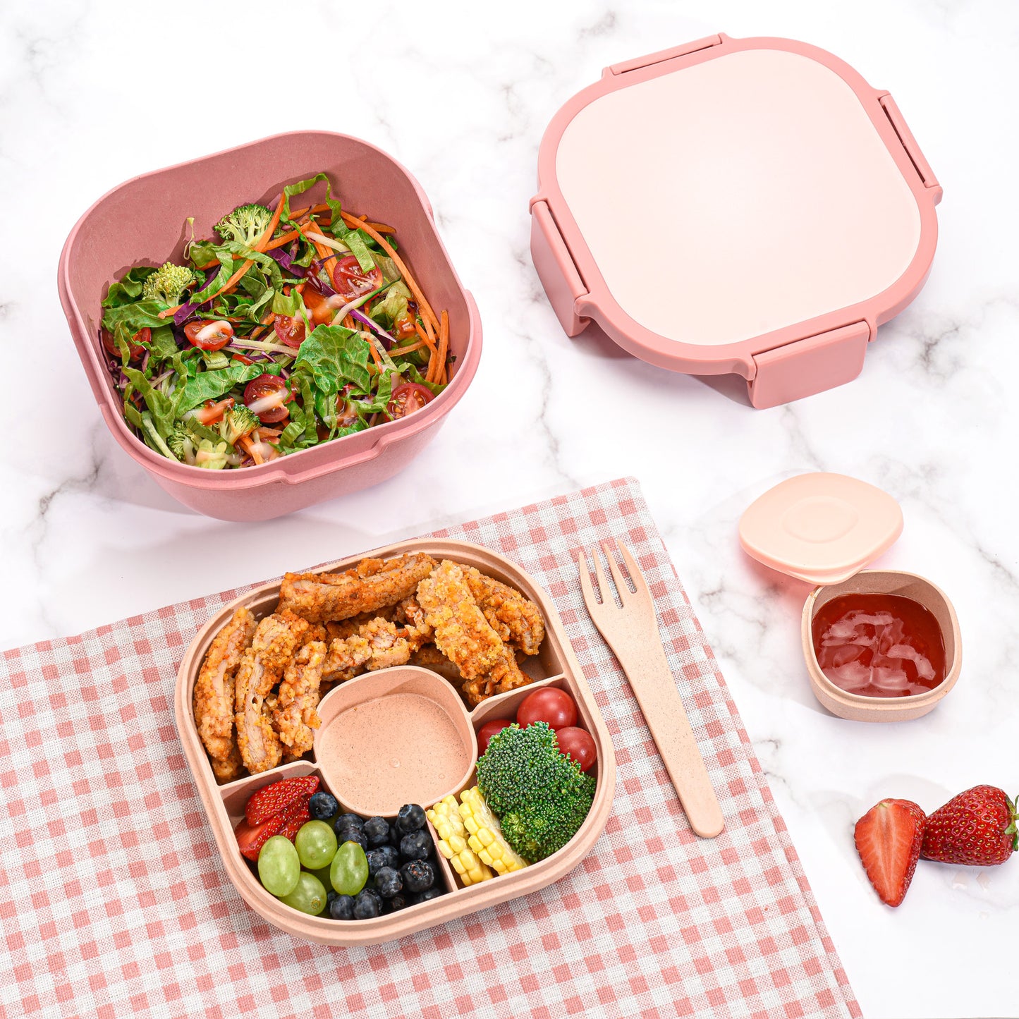 Husk Fiber Salad Bento Box With Cutlery & Dressing Holder