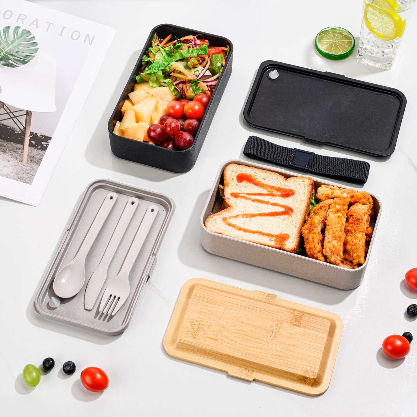 Husk Fiber 2 Tier Bento Box With Bamboo Lid & Utensils