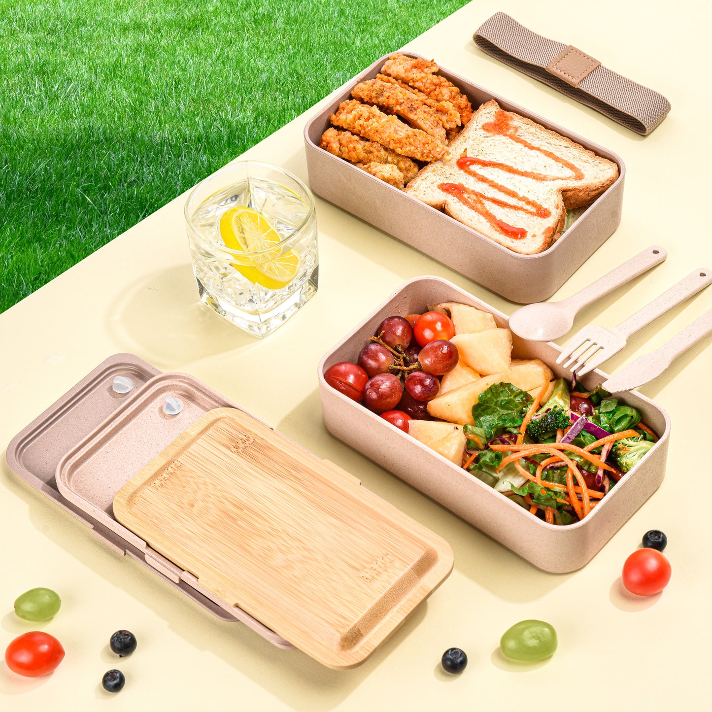 Husk Fiber 2 Tier Bento Box With Bamboo Lid & Utensils