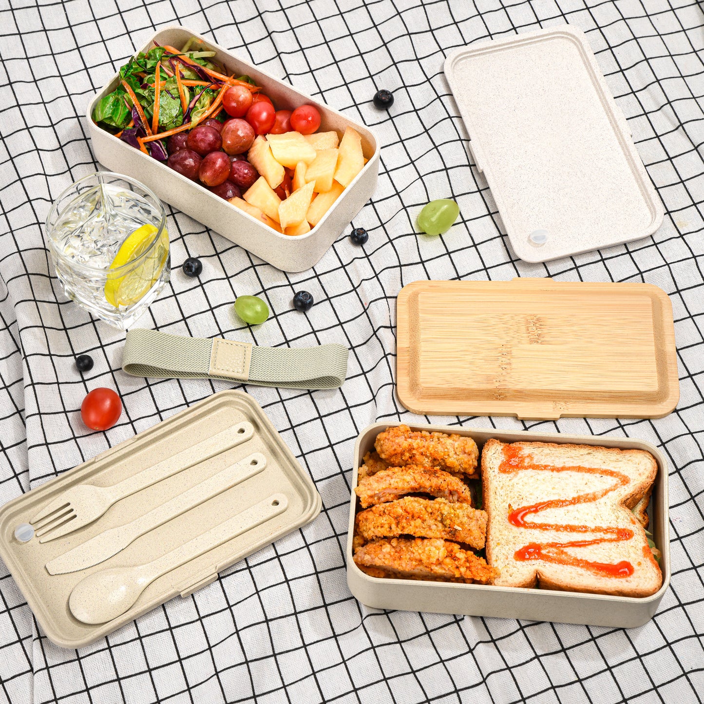 Husk Fiber 2 Tier Bento Box With Bamboo Lid & Utensils - ECO Green & Beige