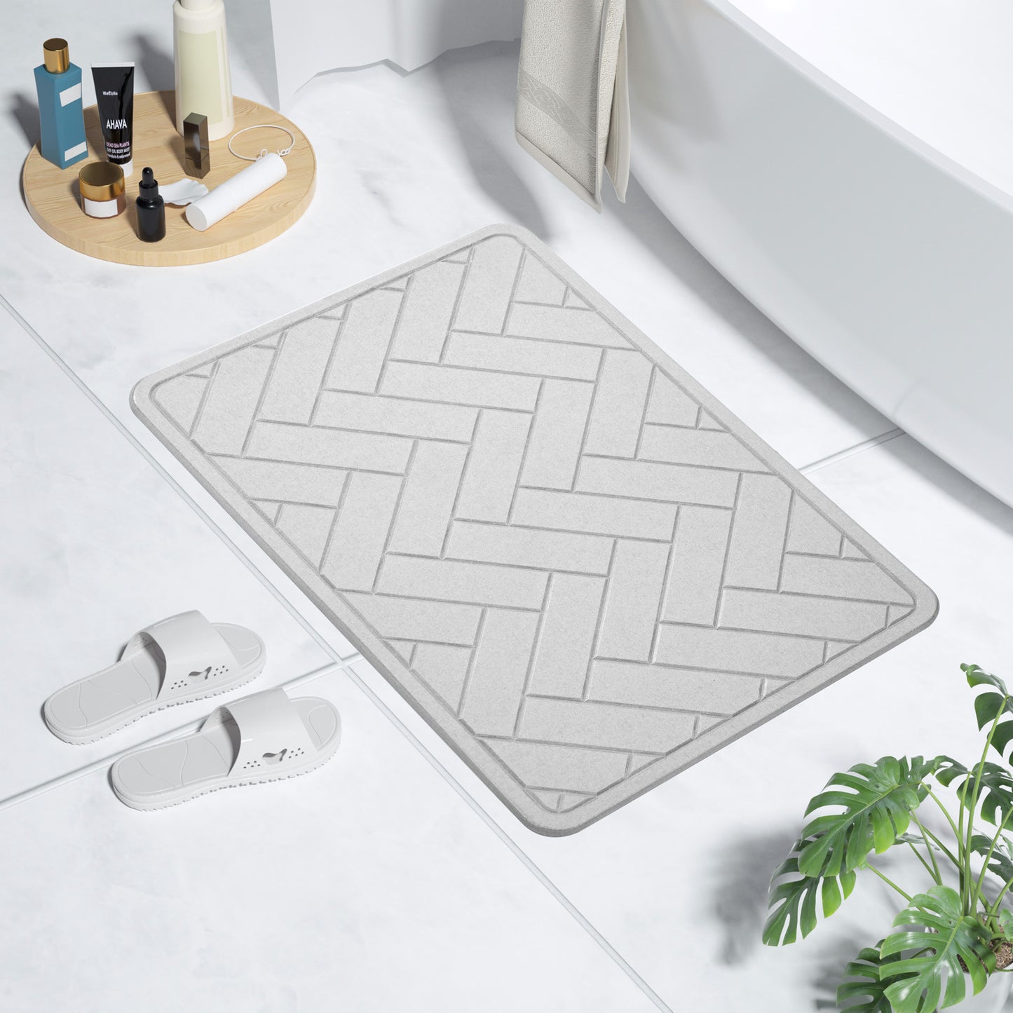 Diatomite Earth Stone Bath Mat - Herringbone Grey