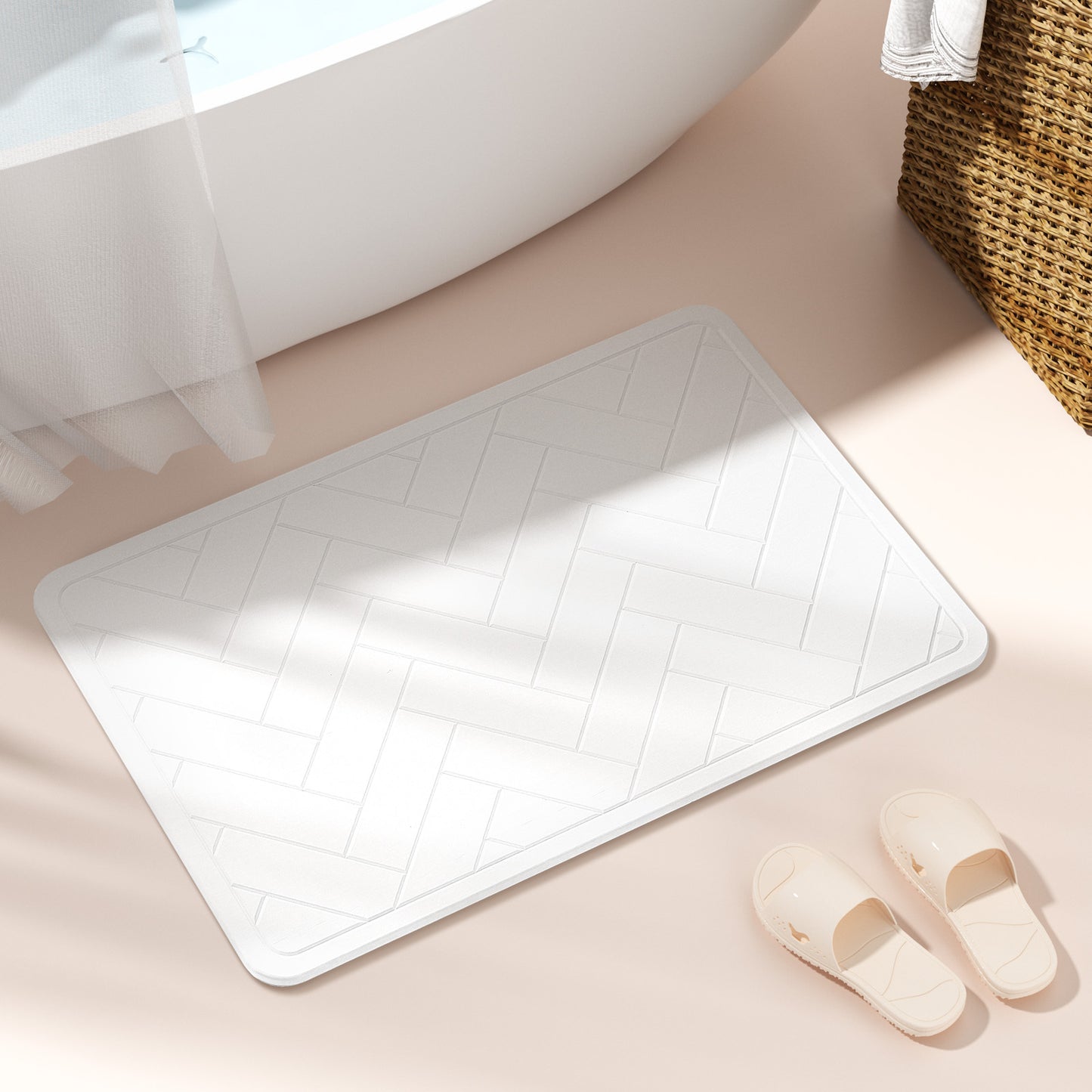 Diatomite Earth Stone Bath Mat - Herringbone White