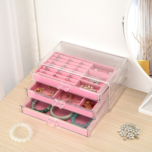 Cosmetic Acrylic Makeup Organizer - 3 Drawer Chest Pink Velvet