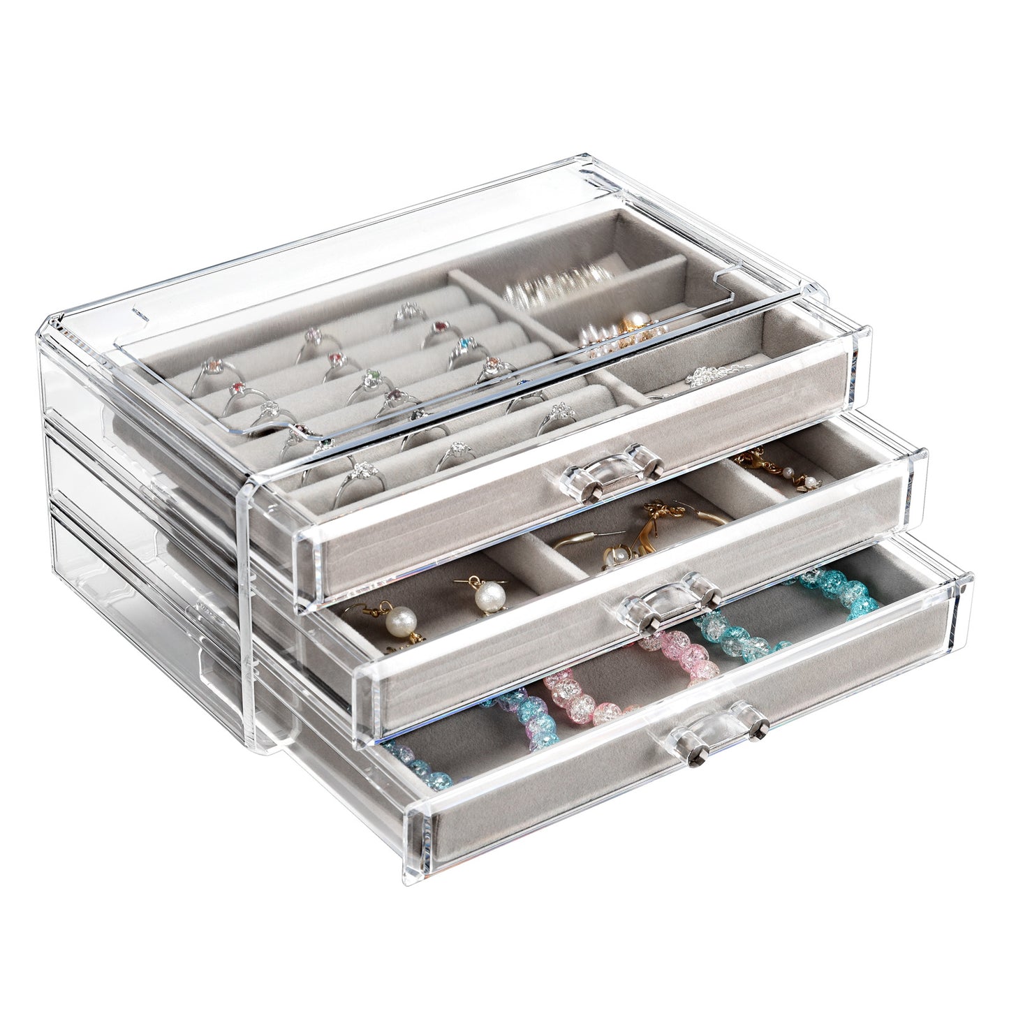 Cosmetic Acrylic Makeup Organizer - 3 Drawer Chest Grey Velvet