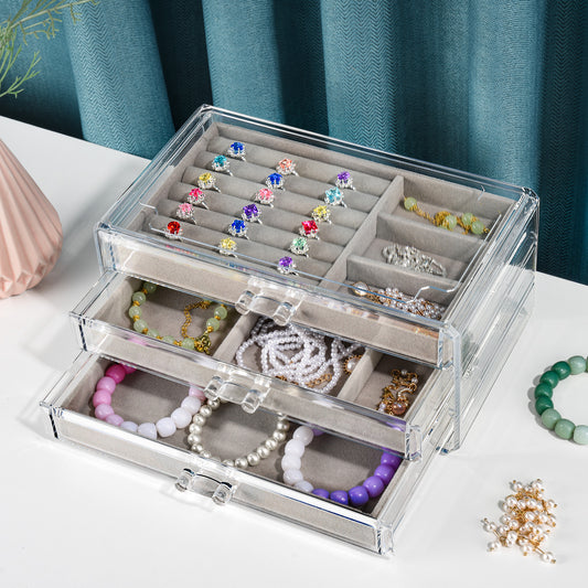 Cosmetic Acrylic Makeup Organizer - 3 Drawer Chest Grey Velvet