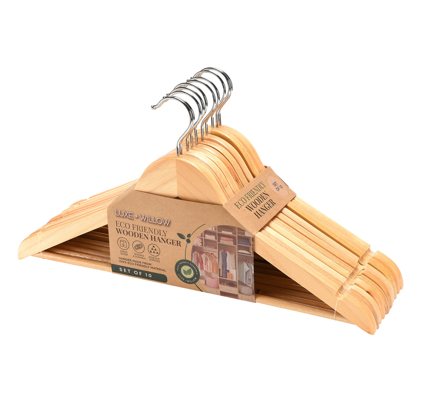 10 Pack Wooden Adult Hangers - Natural