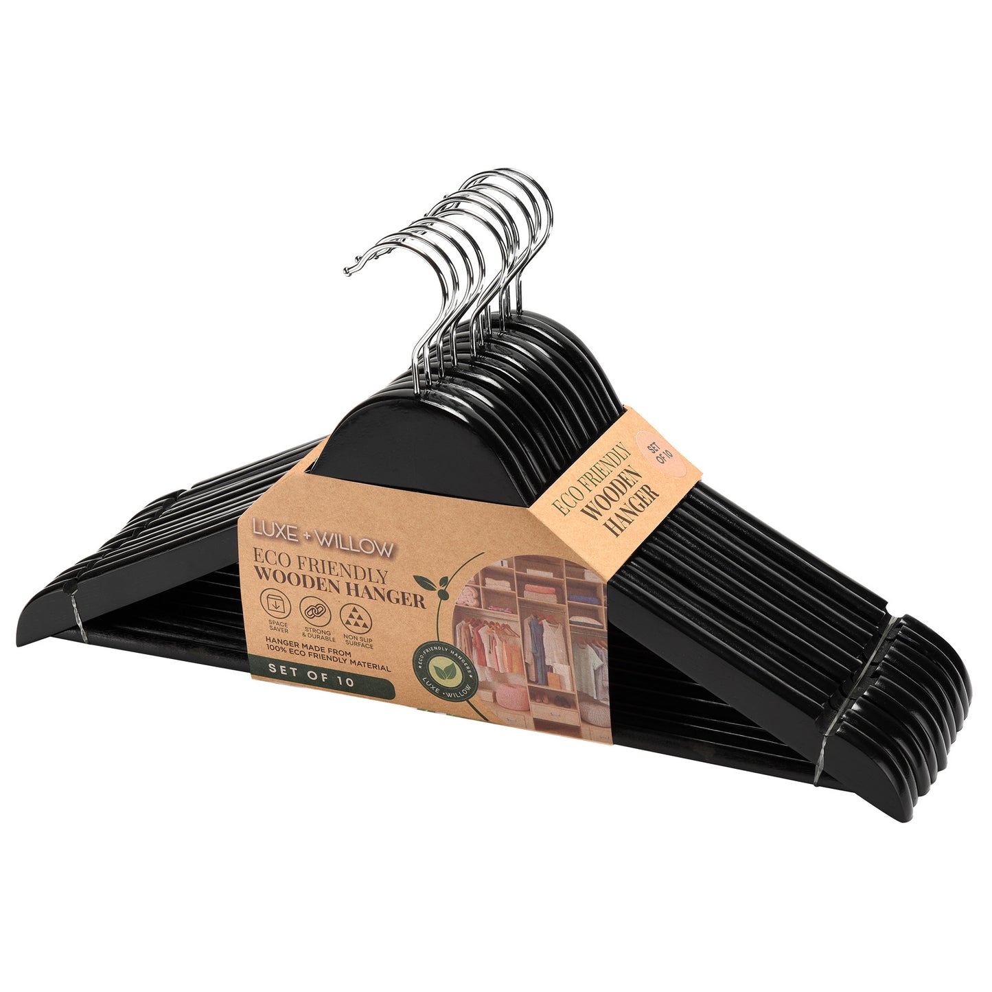 10 Pack Wooden Adult Hangers - Black