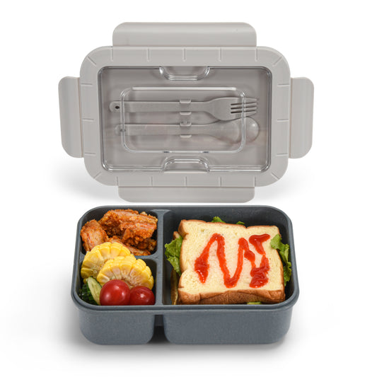 Husk Fiber 3 Compartment Bento Box With Cutlery - Two Tone Grey