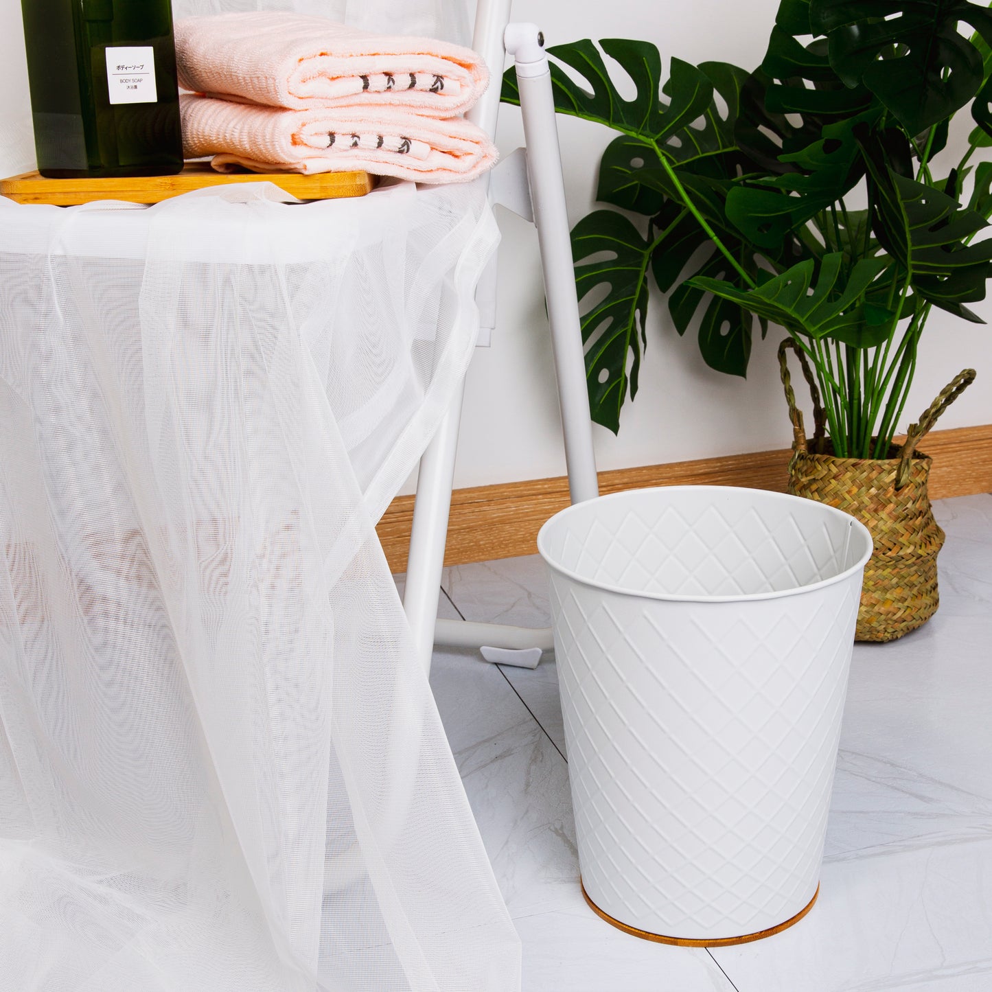 Metal Open Trash Bin - Matte White, Diamond Textured, Bamboo Bottom