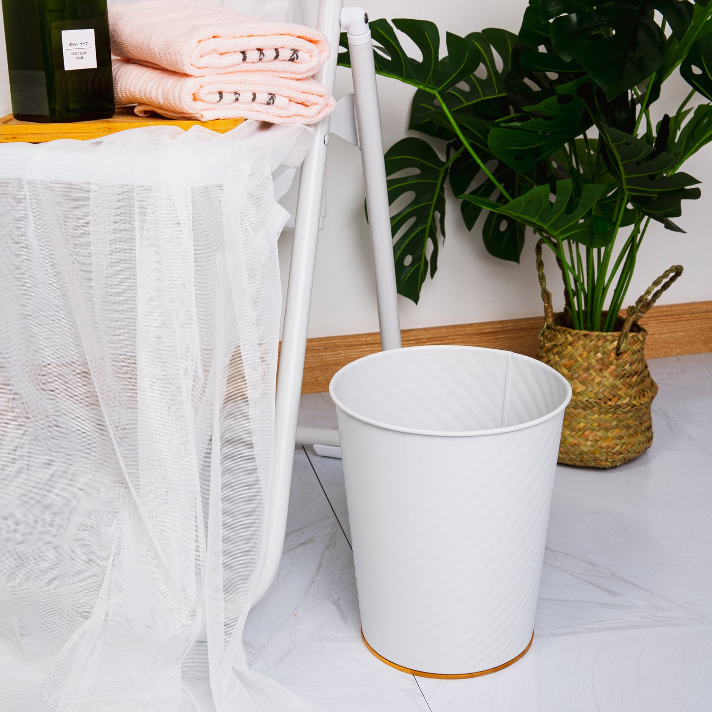 Metal Open Trash Bin - Matte White, Stripe Textured, Bamboo Bottom