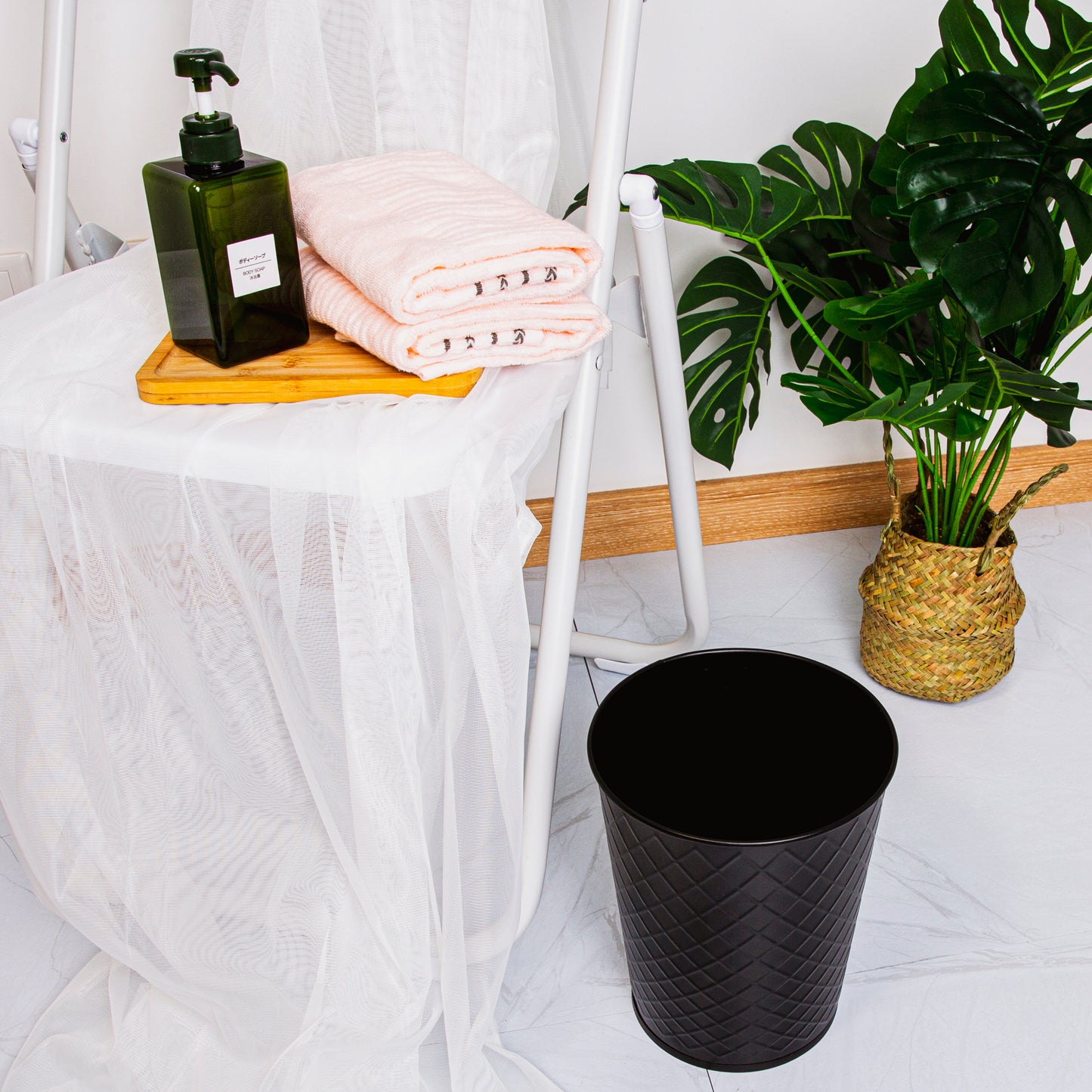 Metal Open Trash Bin - Matte Black Diamond Textured