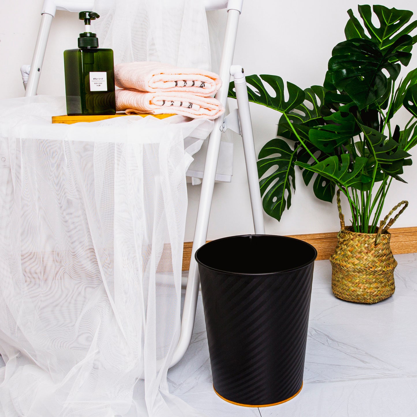 Metal Open Trash Bin - Matte Black, Line Textured, Bamboo Bottom