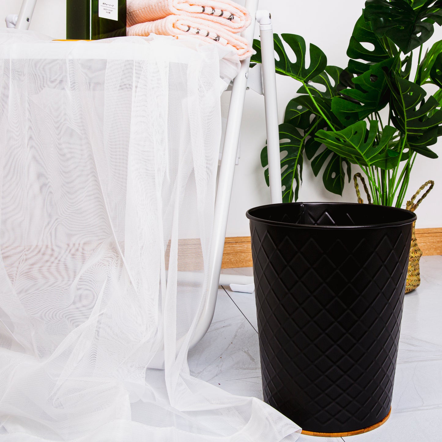 Metal Open Trash Bin - Matte Black, Diamond Textured, Bamboo Bottom