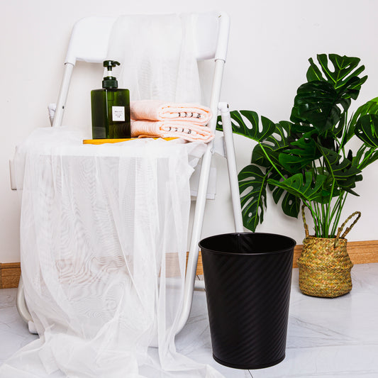 Metal Open Trash Bin - Matte Black Stripe Textured