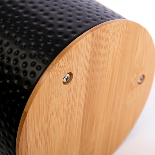 Metal Open Trash Bin - Matte Black, Line Textured, Bamboo Bottom
