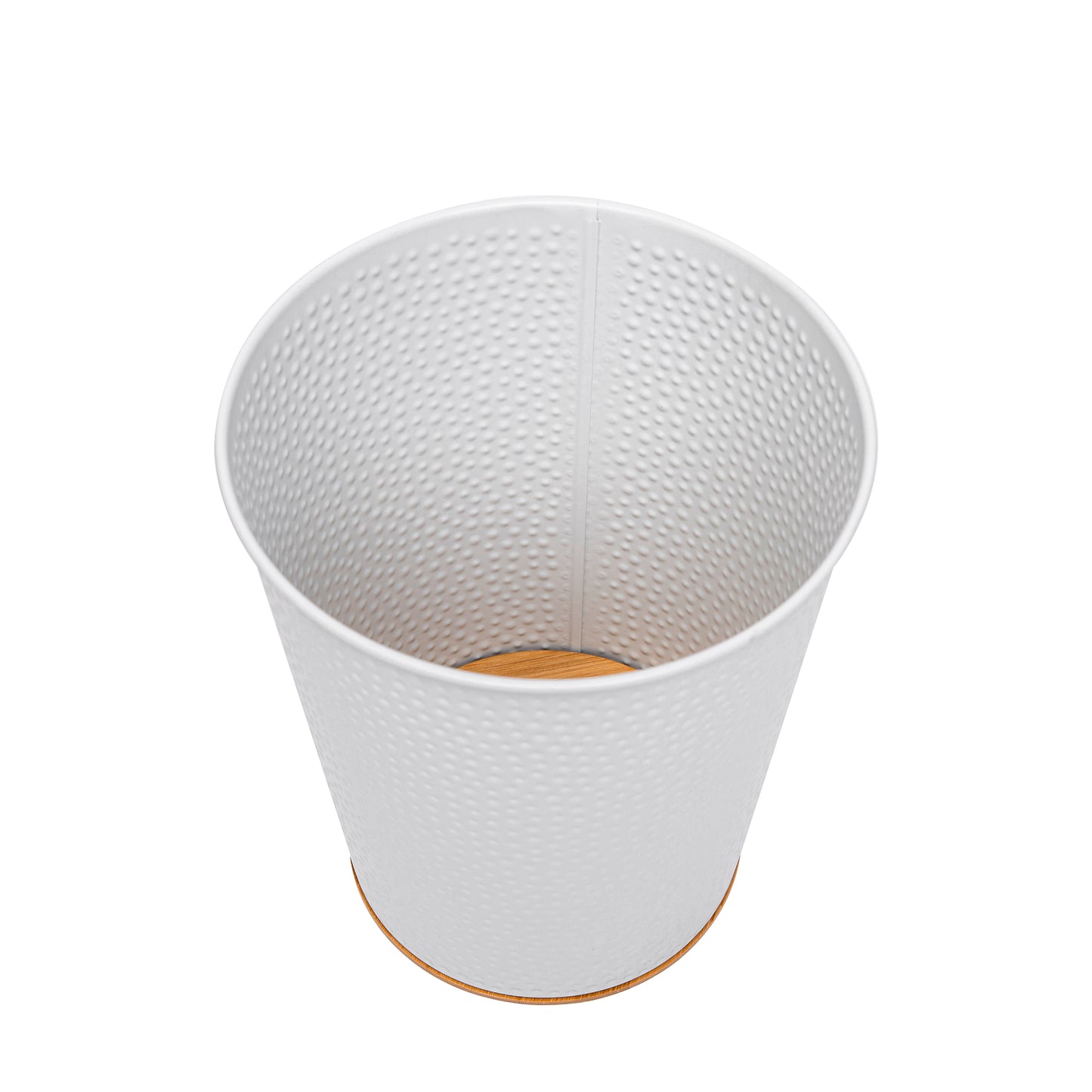 Metal Open Trash Bin - Matte White, Hammered Textured, Bamboo Bottom