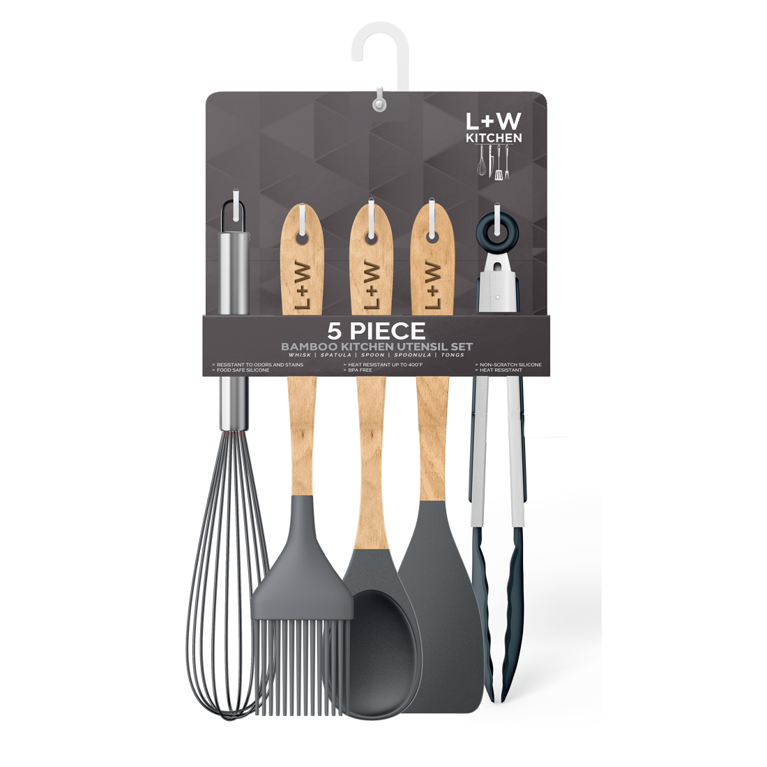 5 Piece Wooden & Silicone Kitchen Utensil Set
