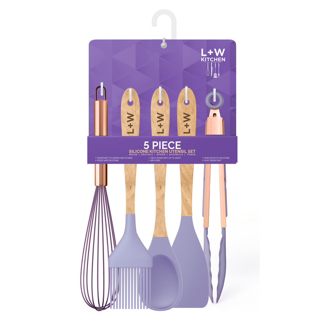 5 Piece Wooden & Silicone Kitchen Utensil Set