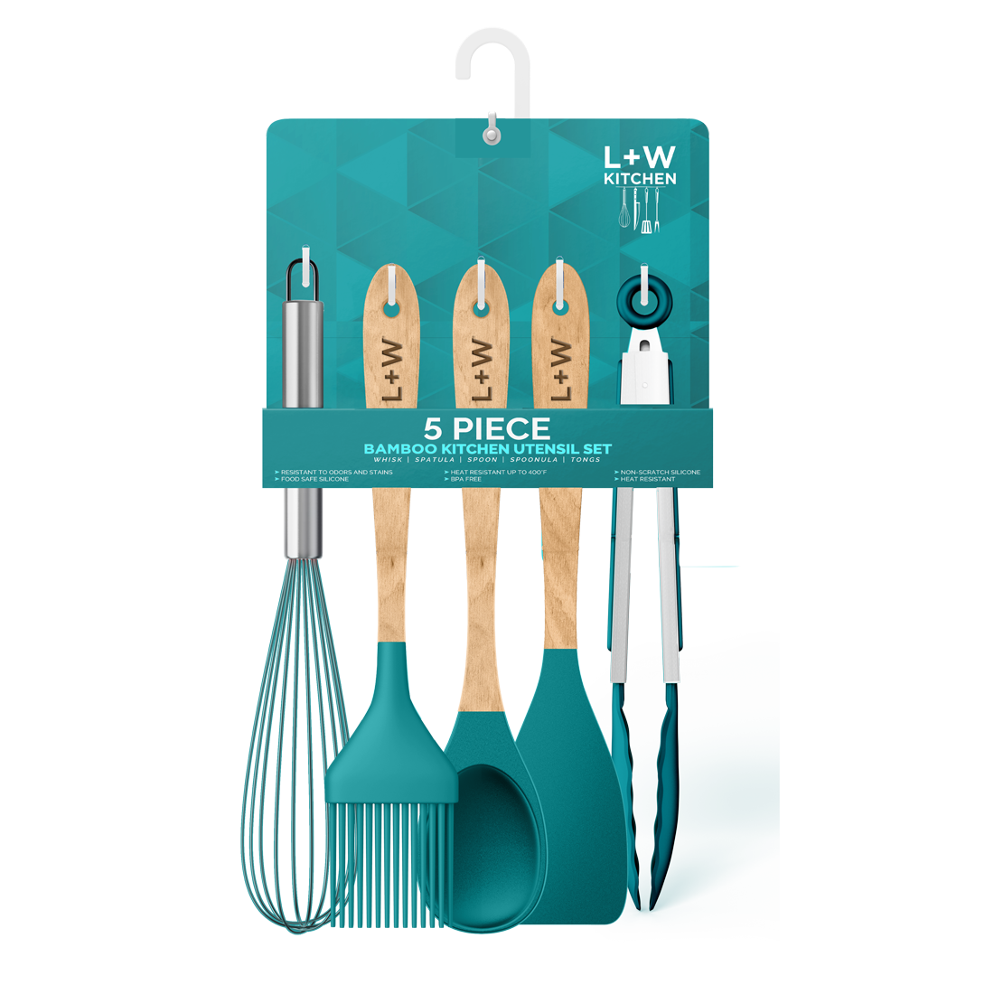5 Piece Wooden & Silicone Kitchen Utensil Set