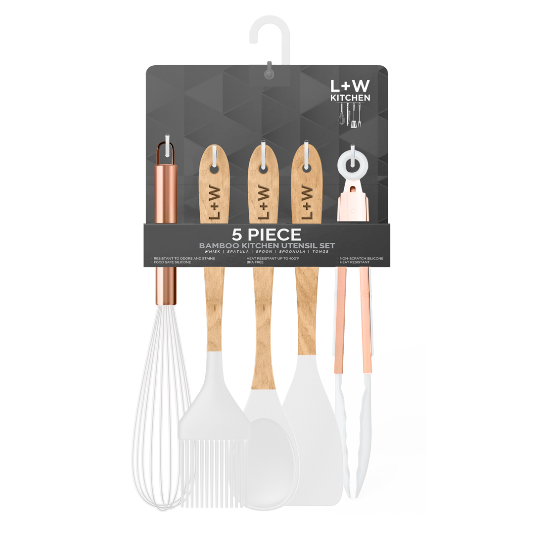 5 Piece Wooden & Silicone Kitchen Utensil Set