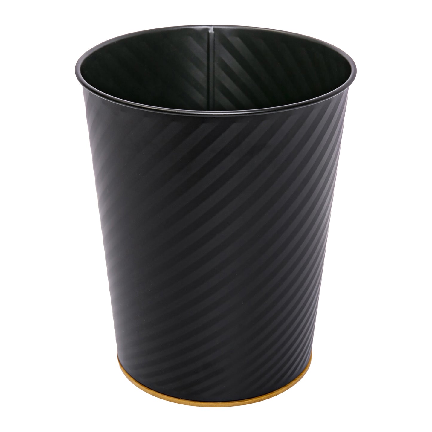 Metal Open Trash Bin - Matte Black, Line Textured, Bamboo Bottom