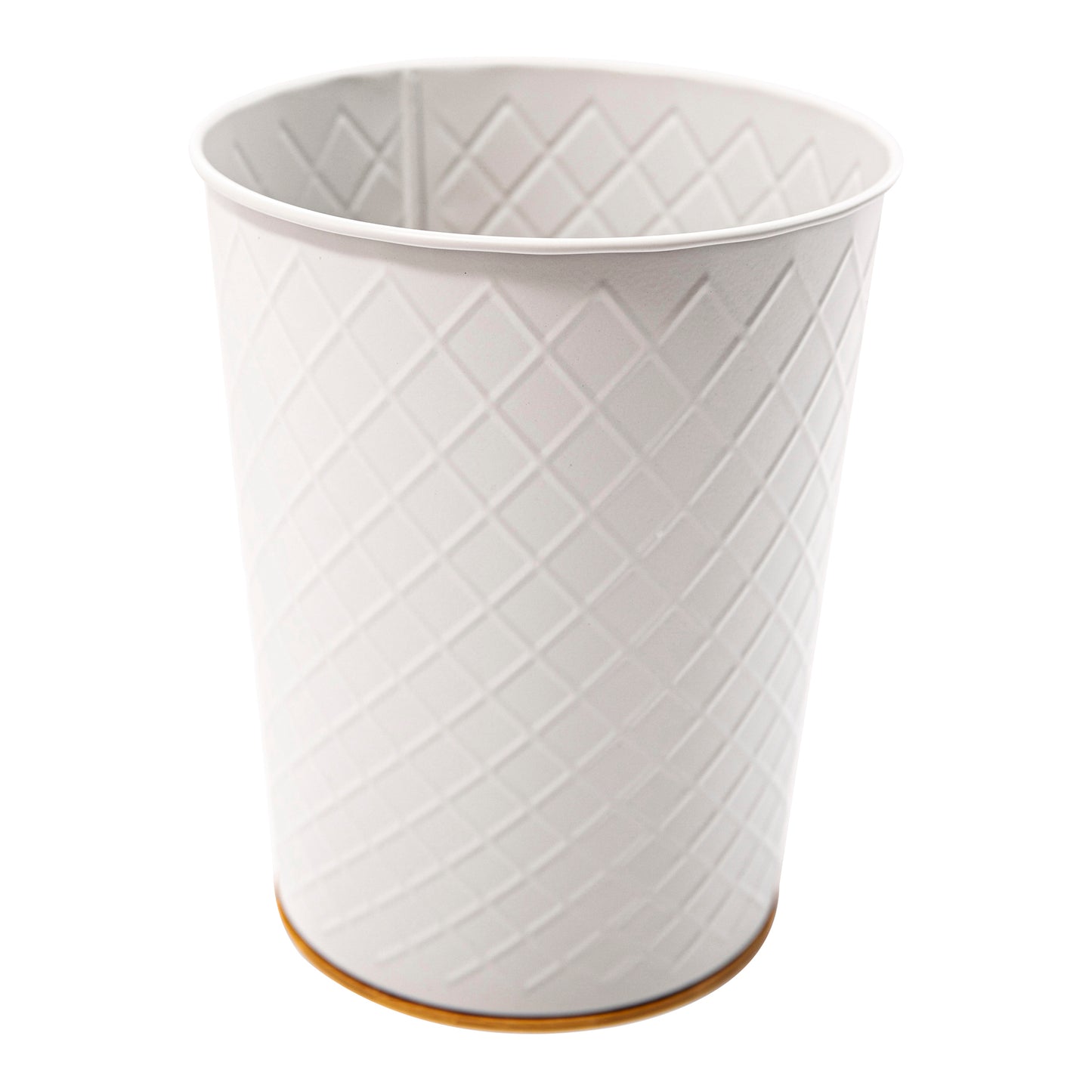 Metal Open Trash Bin - Matte White, Diamond Textured, Bamboo Bottom
