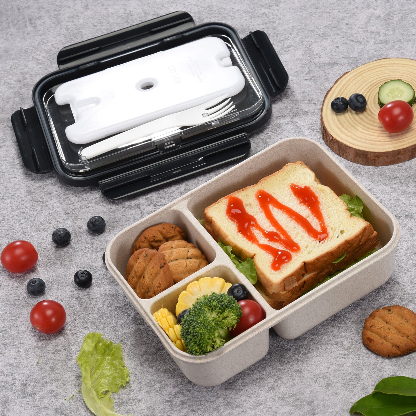 Husk Fiber 3 Compartment Bento Box With Cutlery & Ice Pack - Black & Grey