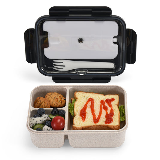 Husk Fiber 3 Compartment Bento Box With Cutlery & Ice Pack - Black & Grey