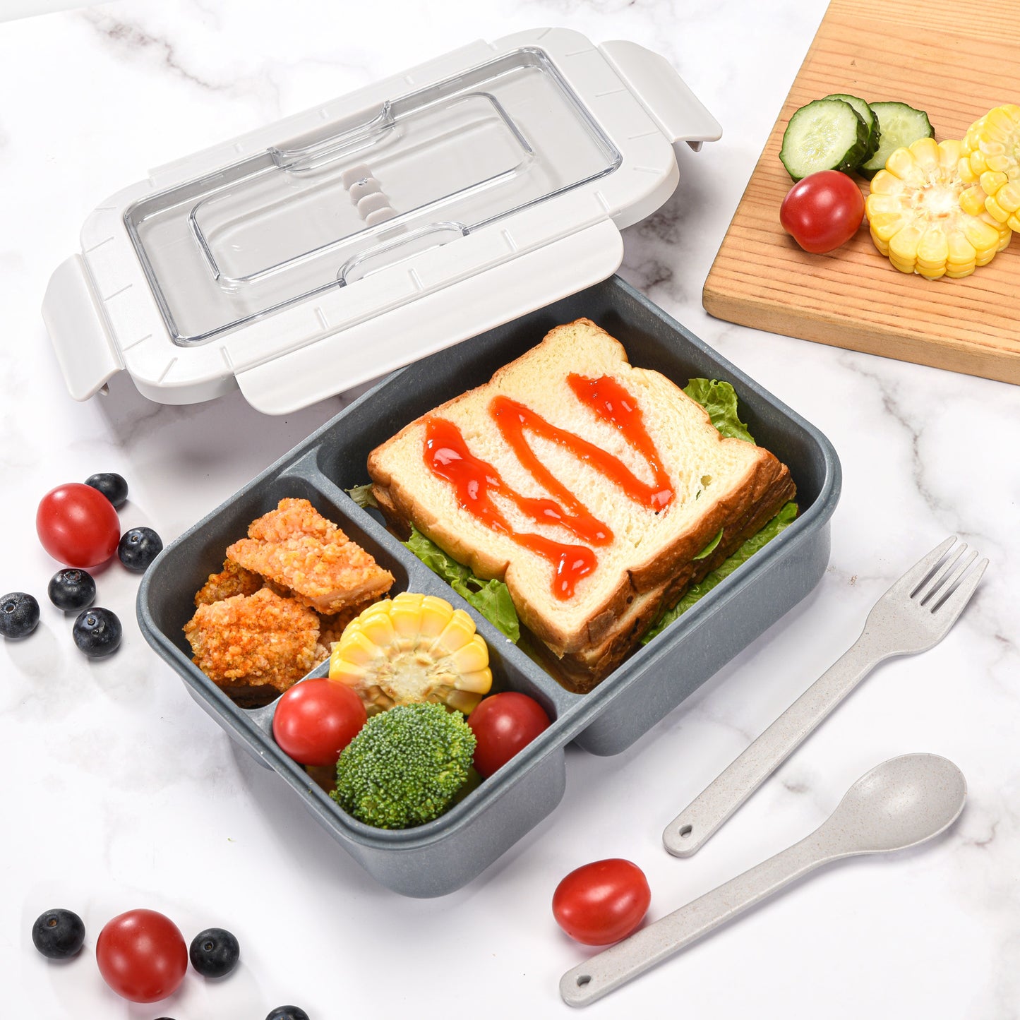 Husk Fiber 3 Compartment Bento Box With Cutlery - Two Tone Grey