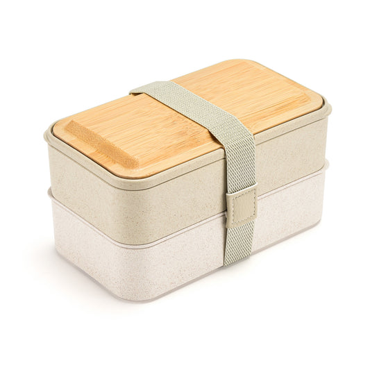 Husk Fiber 2 Tier Bento Box With Bamboo Lid & Utensils - ECO Green & Beige