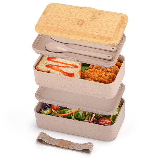 Husk Fiber 2 Tier Bento Box With Bamboo Lid & Utensils