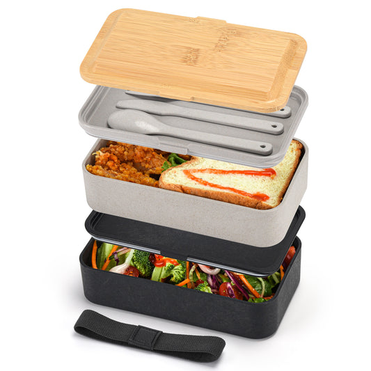 Husk Fiber 2 Tier Bento Box With Bamboo Lid & Utensils