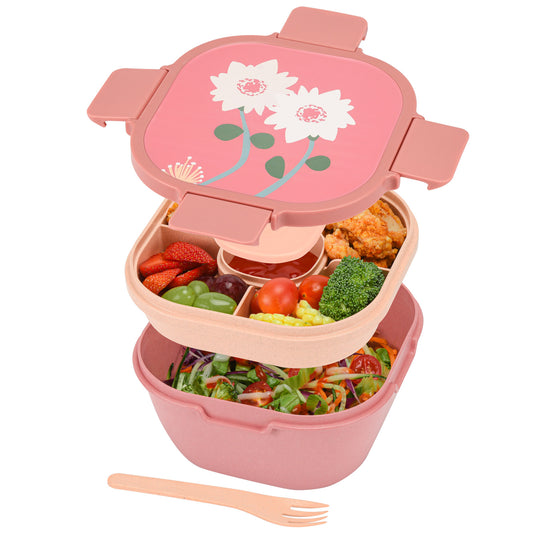 Husk Fiber Salad Bento Box With Cutlery & Dressing Holder