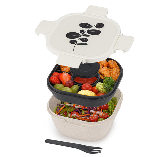 Husk Fiber Salad Bento Box With Cutlery & Dressing Holder