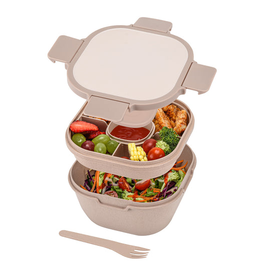 Husk Fiber Salad Bento Box With Cutlery & Dressing Holder