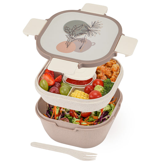 Husk Fiber Salad Bento Box With Cutlery & Dressing Holder