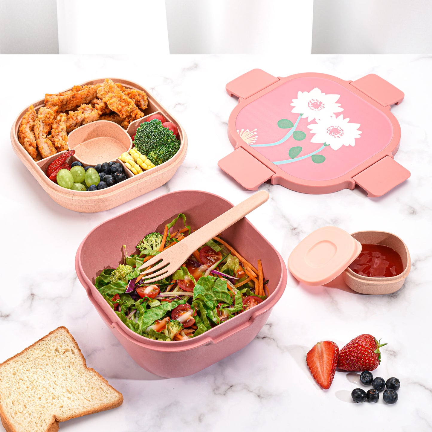 Husk Fiber Salad Bento Box With Cutlery & Dressing Holder