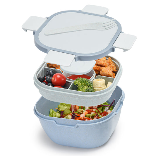 Husk Fiber Salad Bento Box With Cutlery & Dressing Holder - Baby Blue
