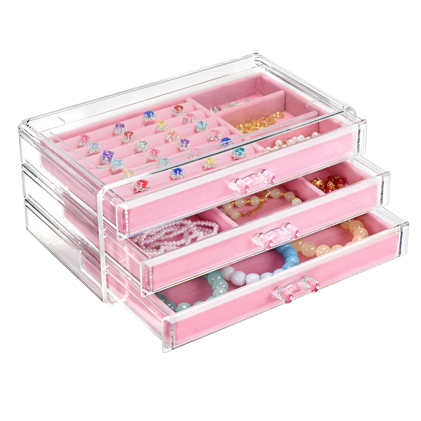 Cosmetic Acrylic Makeup Organizer - 3 Drawer Chest Pink Velvet
