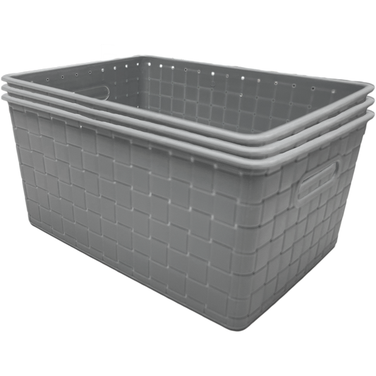 3 Pack Woven Plastic Storage Basket - Grey Checkered